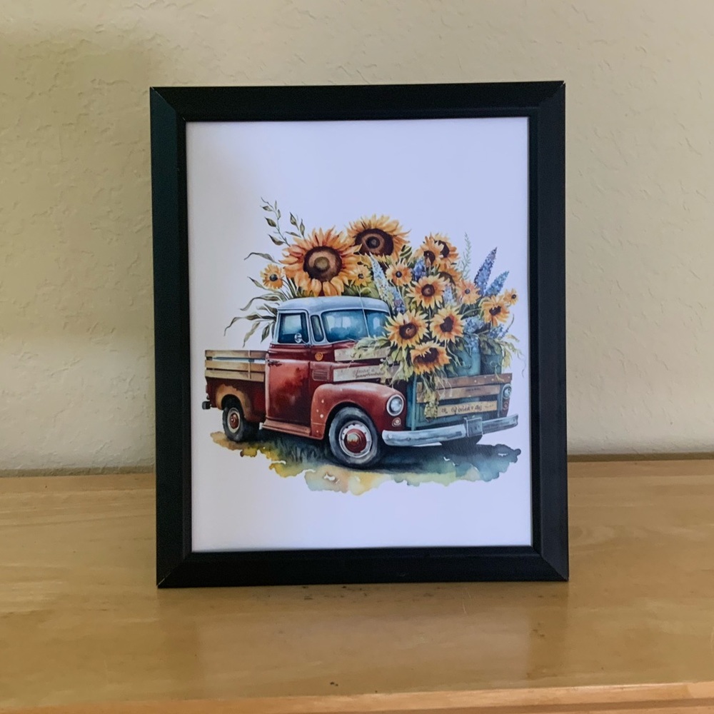 Farmhouse Sunflowers & red picture 8x10 w/frame